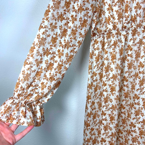 Pink Lily Floral Long Sleeve Midi Dress V Neck Ruffle Cuffs Women's - Picture 5 of 11